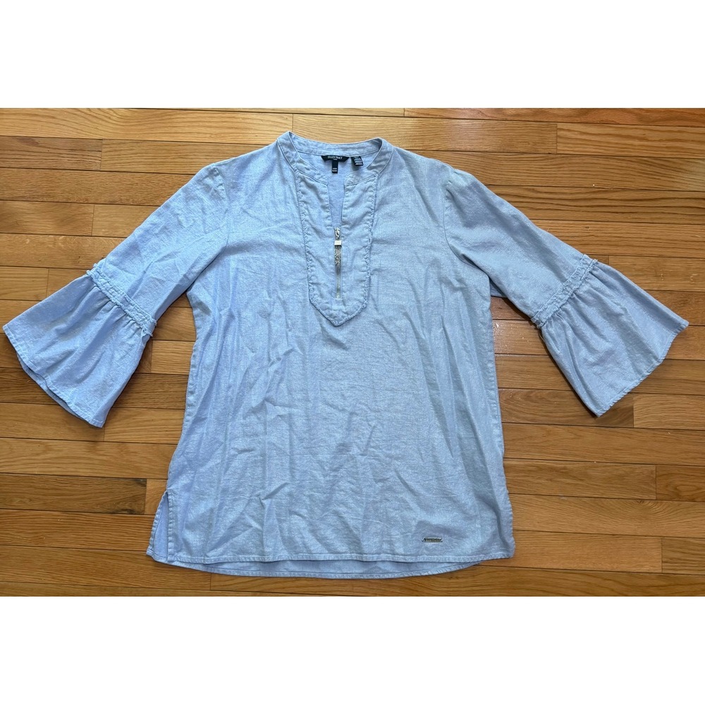 Ellen Tracy Linen Blend Bell Sleeve Tunic Top Blue Metallic Zip Front Womens L